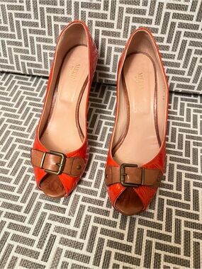 Melina Orange Patent Peep-Toe Heels with Buckle Accent